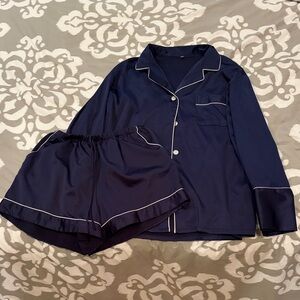 Women's Navy Blue Satin Pajama Set